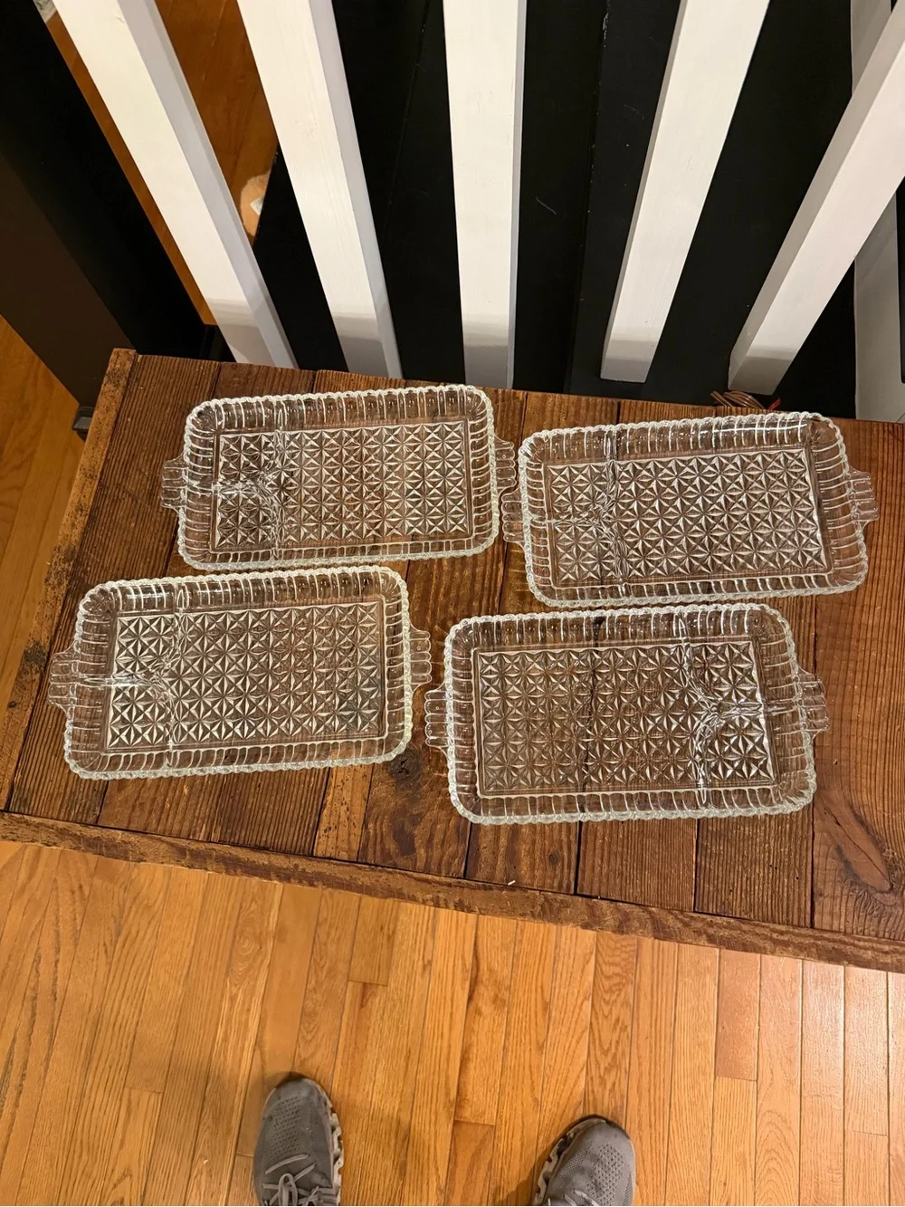 Set of (4) vintage 1950s clear pressed glass divided snack or relish trays.